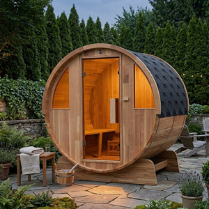 ห้องซาวน่ากลางแจ้งไม้หรูหราสำหรับ 2-4 คน แบบอบไอน้ำแห้ง พร้อมหน้าต่างกระจก หลังคาแอสฟัลต์ และเครื่องทำความร้อน Harvia สำหรับสวน - Product Image 1