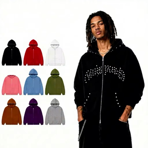 Custom Y2k Rhinestone Zip Up Hoodie Men Streetwear Heavyweight 300-460gsm Oversized Sweatshirt Full Zip Hoodies With Rhinestones - Product Image 4