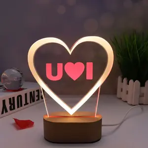 Оптовые продажи освещение 2 вида цветов-Питание от USB Романтический 3D акриловый светодиодный ночник 2 вида цветов свет настольная лампа подарок на день Святого Валентина, подарок на праздник деревянное основание
