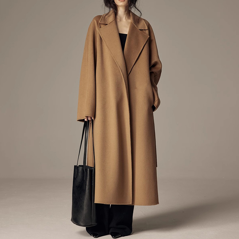 Weshallo Custom Double Faced Long Woolen Coats Winter Luxury Cashmere Wool Trench Coat Women with Belt