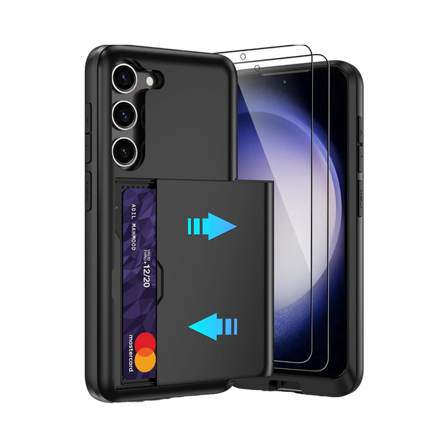 Black Dual Layer Shockproof Design for Samsung for Galaxy S23+ Plus HD Screen Protector Hidden Card Slot Wallet Case-Made of TPU