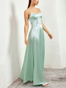 Abiti Eleganti <span class=keywords><strong>da</strong></span> <span class=keywords><strong>Sera</strong></span> per Donna, Vestito <span class=keywords><strong>Lungo</strong></span> in <span class=keywords><strong>Raso</strong></span> con Spalline Sottili e Collo Halter, Moda Chic Senza Maniche - Product Image 6