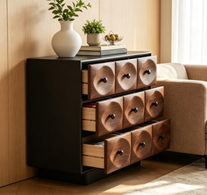 Mueble de Almacenamiento Moderno de Lujo en Madera con Marco Negro, 9 Cajones, Puertas de Tablero, Multiusos, para Sala de Estar o Dormitorio - Product Image 2