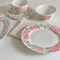 Solhui Ins – service de table romantique en relief rose vif, bols, tasses à café et plats, service de vaisselle