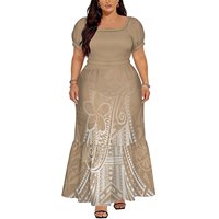 Robe longue maxi jaune à motif tribal pour femme, grande taille, avec logo personnalisé, col carré, manches courtes bouffantes et volants superposés
