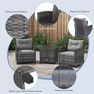 Ensemble de meubles de patio en rotin gris moderne 3 pièces, ensemble de conversation de type bistrot avec coussins épais pour l'extérieur - Product Image 5
