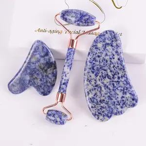 Jade Roller Pemijat Batu Titik Biru, Alat Kecantikan Pijat Wajah Pengikis Piring Giok Set Hadiah Pernikahan