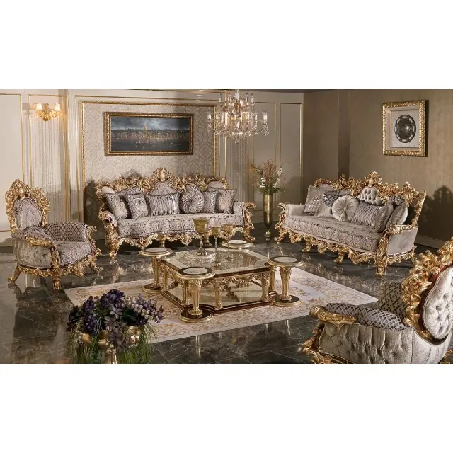 الفاخرة الايطالية الملكي العتيقة خشب متين 3 مقاعد أريكة الكلاسيكية الذهب منحوتة الأثاث غرفة المعيشة طقم أريكة