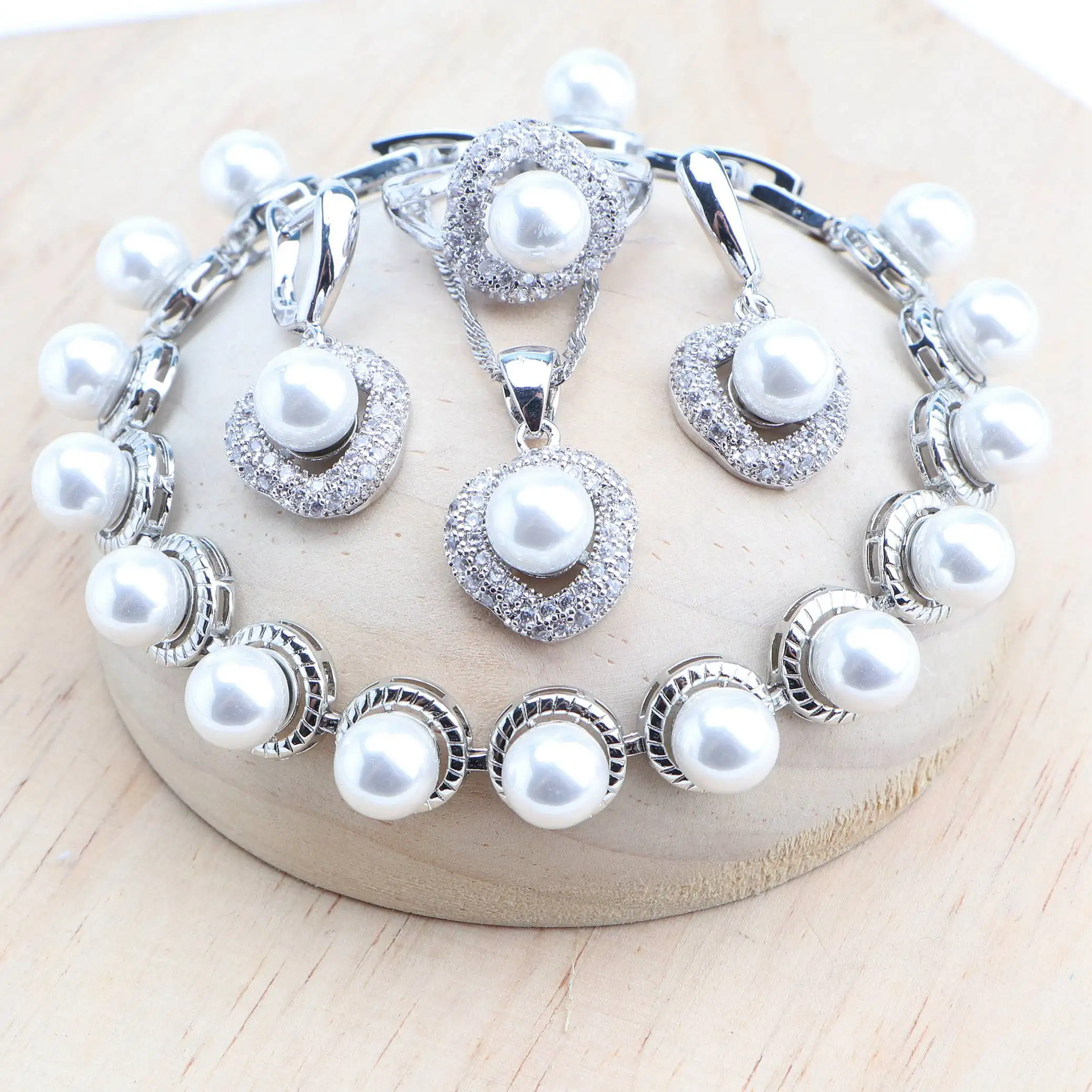 925 Silver Pearl Jewelry Sets For Women Bridal Wedding Ring Bracelets Earrings Pendant Necklace Set