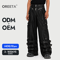 Pantalon cargo tactique en denim épais Techwear avec fermeture éclair, multi-poches, sangle à boucle, œillets, style punk, coupe ample, personnalisable