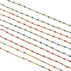 Simple Stainless Steel PVD Gold Plated Colorful Bead Cross Chain Necklace Bracelet Set Titanium Steel Enamel Bead Chain Necklace