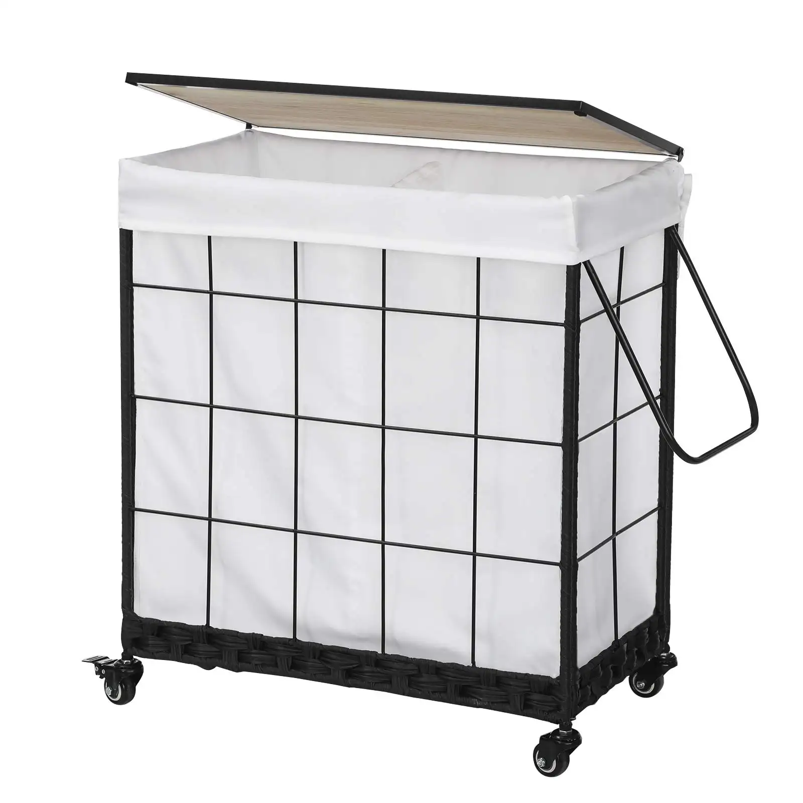 Laundry Sorter with Metal Handle White with Wood Lid and Divided Liner Bag Durable Laundry Basket with Heavy Duty