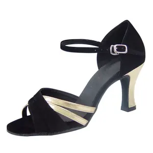 Latin Wanita 8Cm Tumit Hitam Nubuck dengan Gold PU Latin Salsa Ballroom Tari Sepatu untuk Menari Baru Ukuran Kami 4-12