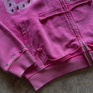 Custom Unisex 100% Cotton French Terry Regular Fit Hoodie Vintage Distressed Embroidery Crystal Rhinestone <b>YK2</b> Zip Print 360g - Product Image 3