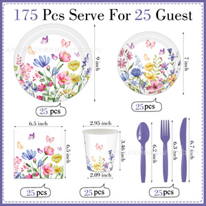 Summer Floral Butterfly Disposable Tableware <b>Set</b> Paper Plates <b>Cups</b> Napkins Party Supplies Kit Wildflower Design - Product Image 2