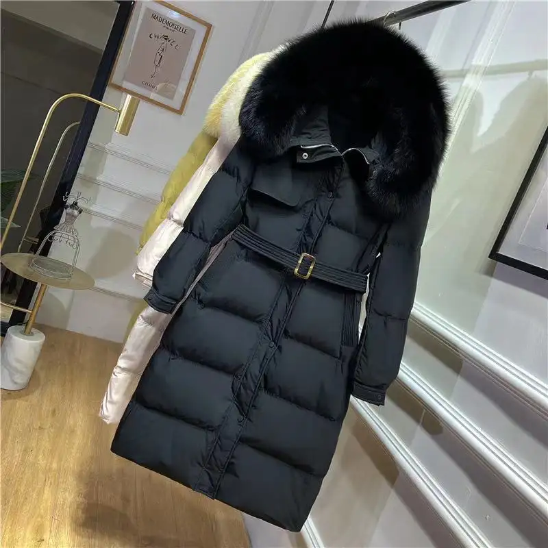 Popular winter jackets women hooded slim big fuax fur collar black coat knee-length elegant fitted coats for woman