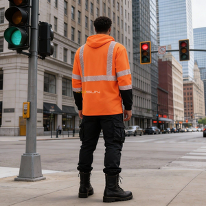 UPF50 ANSIクラス3 反射材付き高視認性長袖安全Tシャツ フード付き メンズ ロゴ入り 速乾性 通気性 - Product Image 6