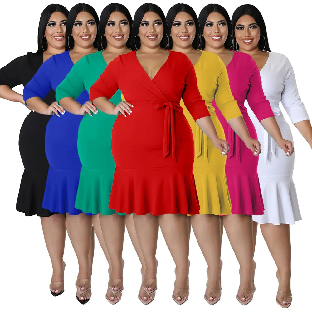 Les produits les plus vendus en ligne grande taille vêtements pour femmes mode couleur unie sexy col en v cravate portefeuille hanche robe à volants