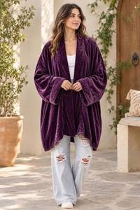 Kimono en velours violet pour femme, coupe ample, longueur au sol, décontracté, extensible, réversible, style ethnique, idéal pour l'été - Product Image 2