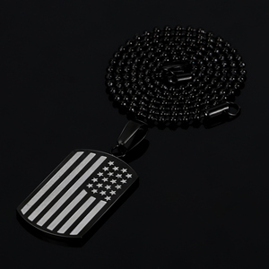Collar de cadena con colgante de Etiqueta de perro con bandera de tira de estrella americana grande de color negro puro de acero inoxidable 316L de alta calidad Tagor - Product Image 4