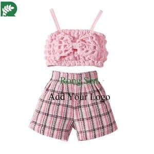 Verano otoño niñas conjuntos de ropa bebé niñas <span class=keywords><strong>Bos</strong></span> Sling Tops pantalones cortos conjunto de ropa a cuadros - Product Image 3
