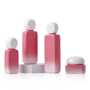Cosmetic Glass Packaging Makeup 40ml 100ml 120ml Pink Square Skin Care Lotion Pump Bottles 50g Face Cream Jar Bottle Set