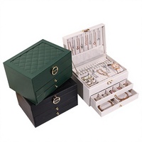 Nouvelle boîte à bijoux vintage vert foncé à motif losanges, grande capacité, trois niveaux, style tiroir, design de luxe