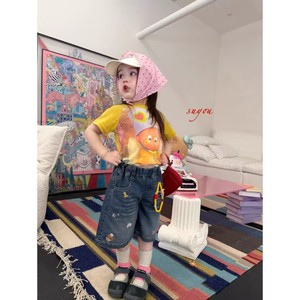 TongXingYuan Girls Denim Shorts High Waist Breathable Summer Casual Pants For Baby Girls With Cartoon Patches And Beads - Product Image 3