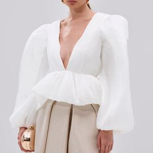 Blusa de Moda de Algodón con Diseño Nuevo, Blusa Informal Elegante con Mangas Abullonadas y Pliegues para Mujer, Tops de Verano - Product Image 1