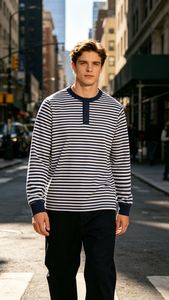 Chemise Henley Vintage pour <span class=keywords><strong>Homme</strong></span> en Coton Lourd 300-350G Rayée à Manches Longues Décontractée Printemps Automne - Product Image 6