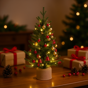 Mini Árbol de Navidad Artificial Preiluminado de 3 Pies con Base de Yute, Luces LED Blancas Cálidas, Decoraciones Navideñas para Mesa Interior - Product Image 2