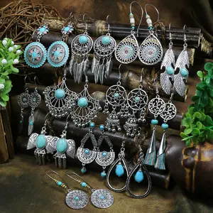 New Design Tibetan Ethnic Turquoise Jewelry Dangle Hoop Earrings Vintage Drop Pendant Earrings Boho Geometric Tassel Earrings