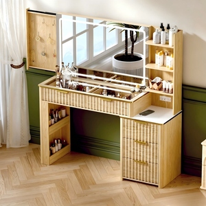 Bureau de maquillage personnalisé avec prise électrique, miroir et 3 modes d'éclairage, <span class=keywords><strong>table</strong></span> de toilette avec tiroirs en <span class=keywords><strong>verre</strong></span> et rangement pour bijoux - Product Image 3