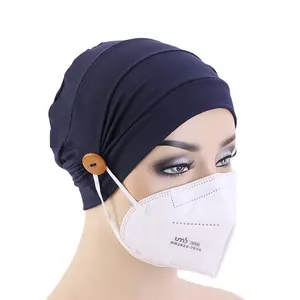 Bán buôn thiết kế mới phụ nữ nút Turban tóc nắp ca-pô hóa trị hat khóa Head cover có thể thêm facepiece TJM-241-1B