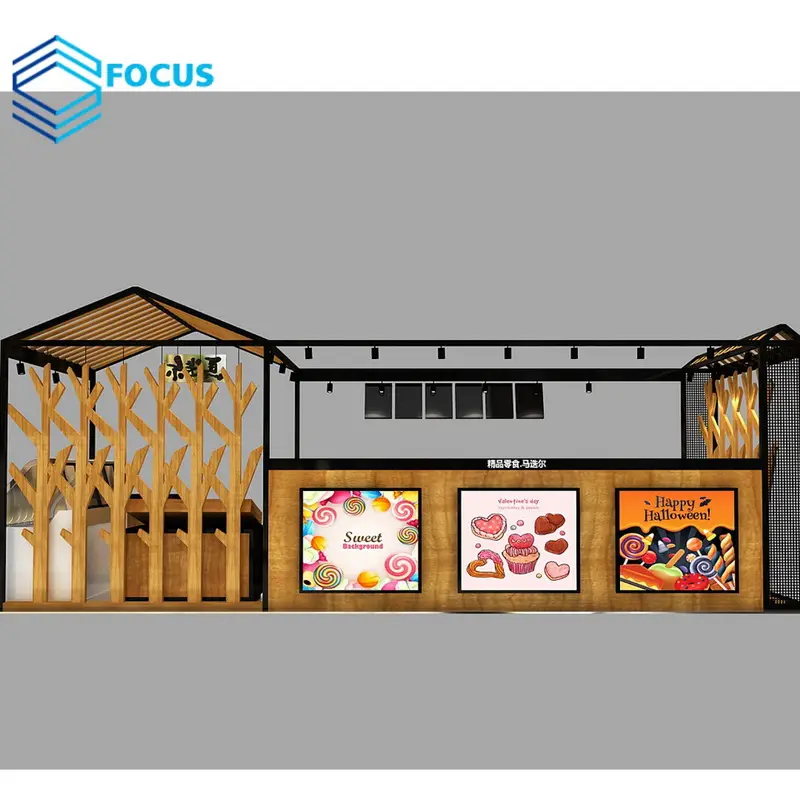 सस्ते मॉल कियोस्क स्टैंड लकड़ी मीठा भोजन प्रदर्शन शोकेस कैंडी दुकान काउंटर डिजाइन
