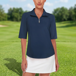 Women's <b>Navy</b> Blue Quarter-Zip Golf Shirt Three Quarter Sleeve Solid Color Quick Dry Knitted Performance <b>Top</b> Casual Style - Product Image 1