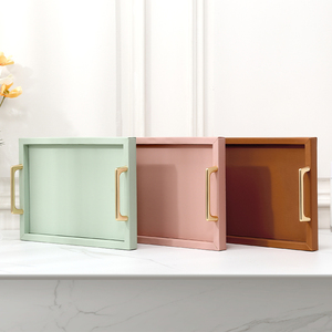 Luxury Eco Rectangle PU Leather Serving Tray With Gold Metal Handle Home Decoration Organizer Tray Modern Non-Slip Tray