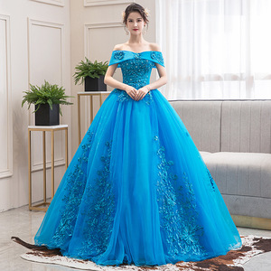 Blue Tulle Off Shoulder Stage Performance Dress Women Lake Blue Long Gown Art Exam Evening Wear Puff Skirt - Product Image 1