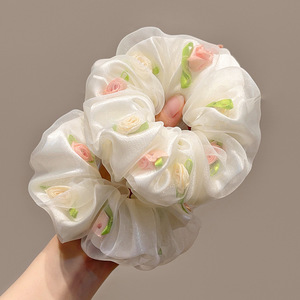 Elastico per capelli in chiffon con fiore grande in rete, accessorio per <span class=keywords><strong>acconciature</strong></span> primaverili ed estive, elastico per chignon fresco per ragazze - Product Image 4