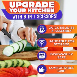 Ciseaux <span class=keywords><strong>de</strong></span> cuisine 2 en 1 pour aliments, acier inoxydable, 9,5 pouces, couteau à tomates, hache les légumes, les fruits, le fromage, la viande en quelques secondes - Product Image 4