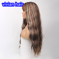 Perruques longues ondulées brun met en évidence une frange dorée cheveux bouclés extra longs tissés fibre chimique 28 pouces synthétique vague de corps perruque quotidienne