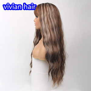 Pelucas onduladas largas Marrón destaca flequillo dorado cabello rizado <span class=keywords><strong>extra</strong></span> largo tejido fibra química 28 pulgadas Peluca ondulada del cuerpo sintético Diario - Product Image 5