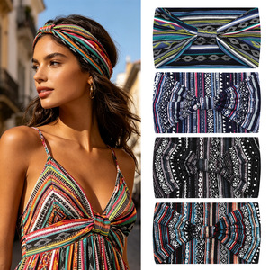 Diadema elástica de algodón bohemio ancha con nudos, a rayas, antideslizante, para deportes y entrenamiento, venta al por mayor de fábrica - Product Image 1