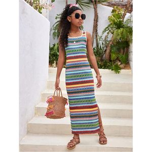 Robe maxi sans manches à rayures bohèmes avec fente latérale pour filles, tenues de plage pour les vacances - Product Image 3