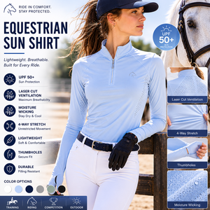Camiseta de equitación para mujer, manga larga, UPF 50+, transpirable, que absorbe la humedad, elástica en 4 direcciones, ligera, con cremallera de cuarto. - Product Image 1