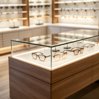 Étagère murale de luxe pour lunettes optiques avec éclairage LED, cadre en bois, dessus en verre, vitrine îlot, tiroir verrouillable