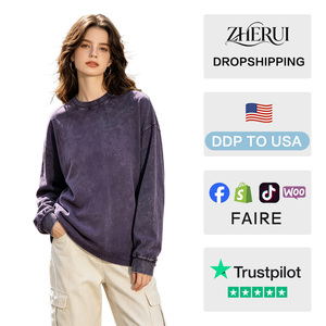 Sweat-shirt à col rond à manches longues en coton délavé à l'acide, coupe oversize, garantie qualité, vente en gros - Product Image 2