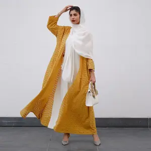 Middle East fashion cardigan two-piece high quality cotton jersey abaya muslim dresses yellow embellished dress with belt muslim