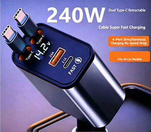 <span class=keywords><strong>Cargador</strong></span> de Coche de 240W con 4 Puertos y Cables Tipo-C Retráctiles, Adaptador de Carga Rápida para iPhone, Samsung, <span class=keywords><strong>Xiaomi</strong></span> - Product Image 1