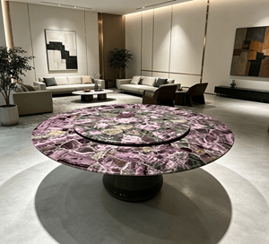 โต๊ะรับประทานอาหารหินอ่อนสีม่วงอเมทิสต์ธรรมชาติ พร้อมถาดหมุนแบบ Lazy Susan ดีไซน์ทันสมัย ขาโลหะ สำหรับ 8 ที่นั่ง เฟอร์นิเจอร์รับประทานอาหารสุดหรูสำหรับวิลล่า - Product Image 5